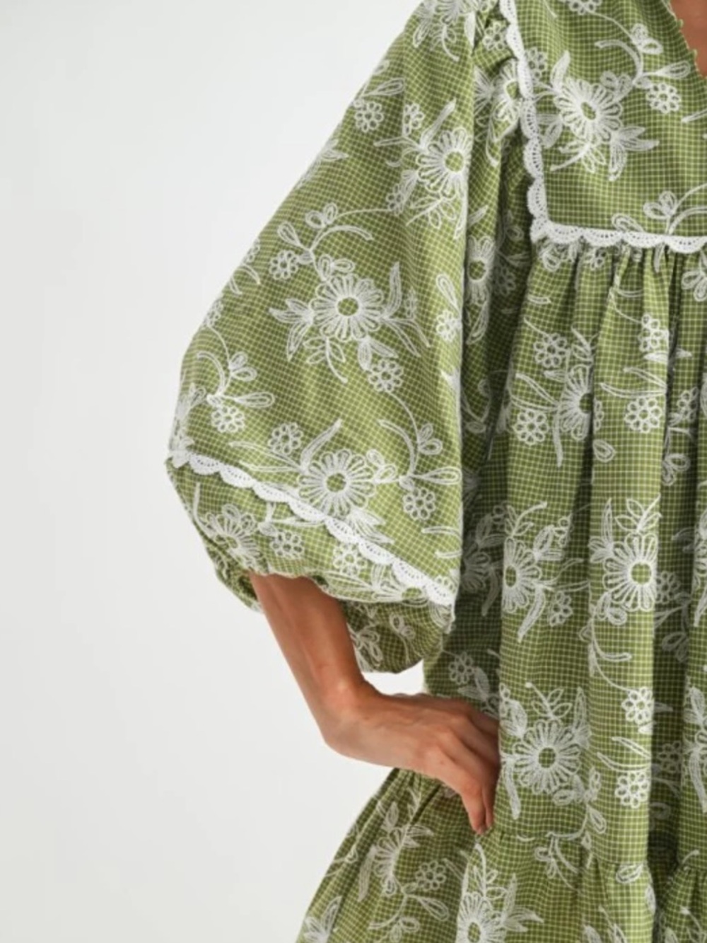 Balloon-Sleeve Floral Green Spring Summer Dress Boutique Camellia Large NWT - Picture 3 of 9